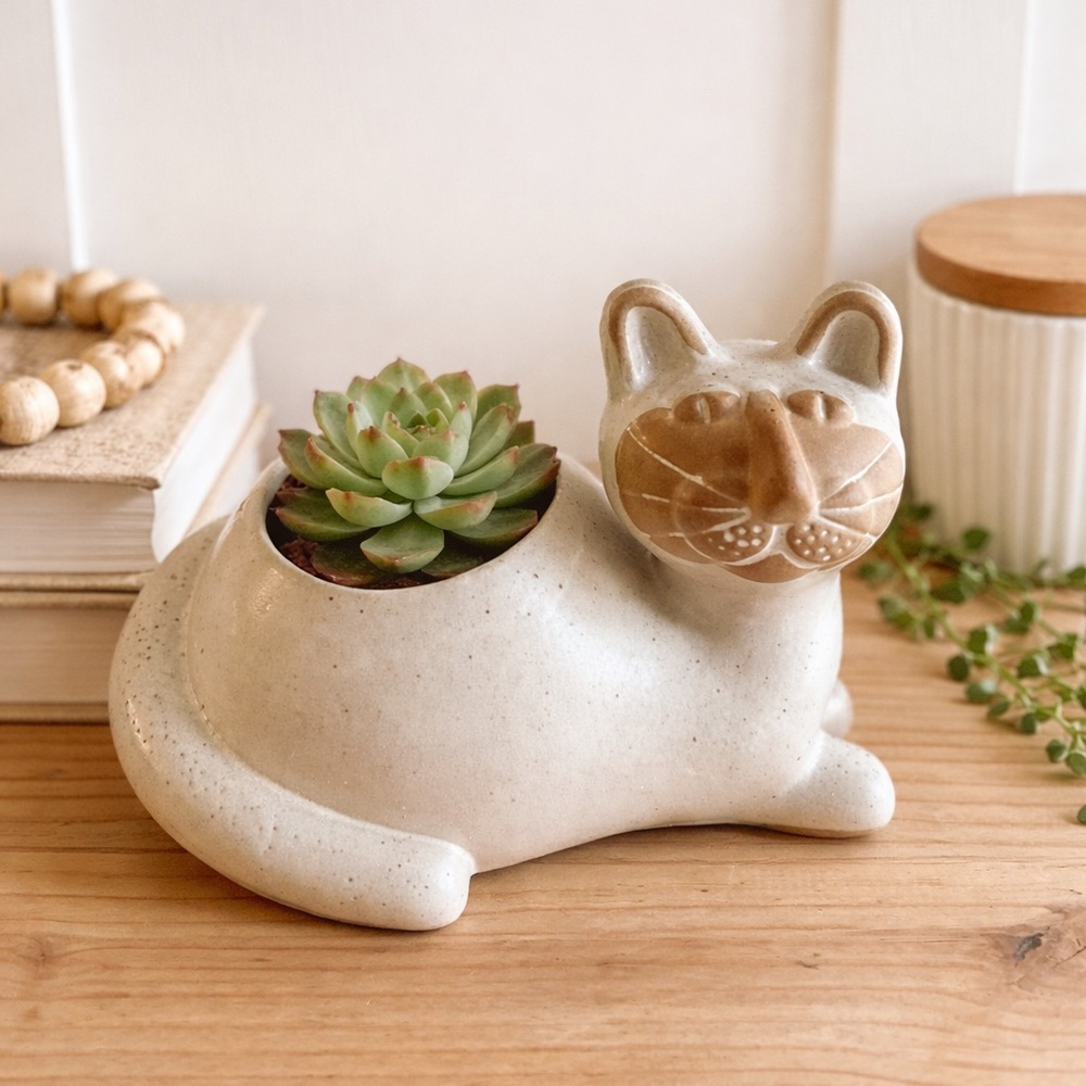 VTG David Stewart Cat Planter 60s Lion's Valley Pottery Stoneware MCM 1960s Tan